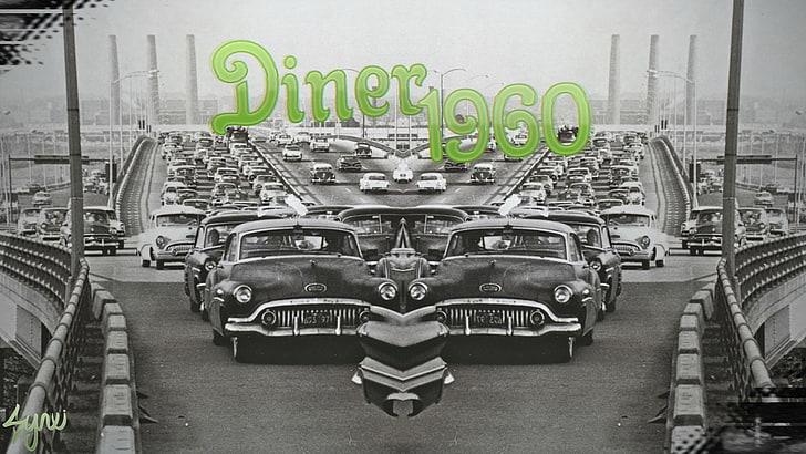 vintage cars with Diner 1960 text overlay, highway, old car, transportation