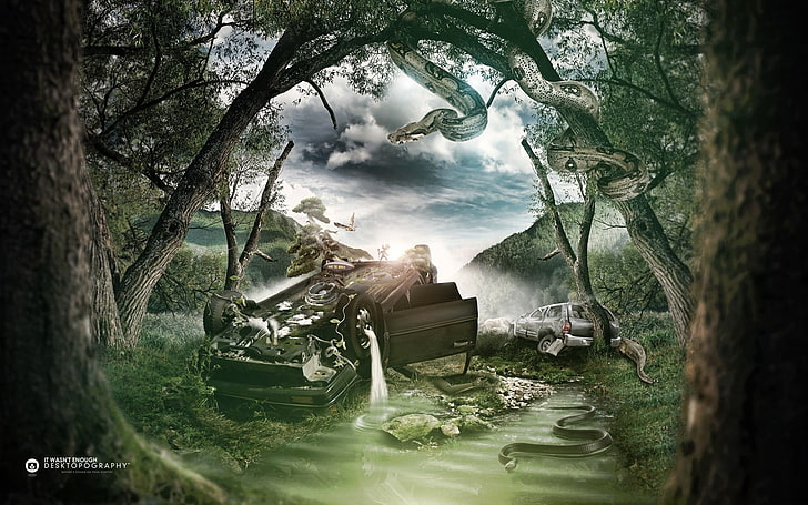 wrecked car illustration, Desktopography, nature, forest clearing
