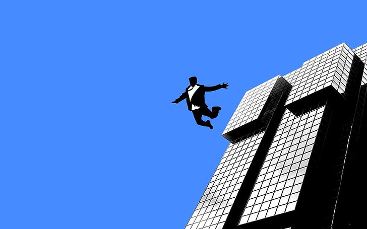 man jumping on building clip-art, vector, Mad Men, blue background