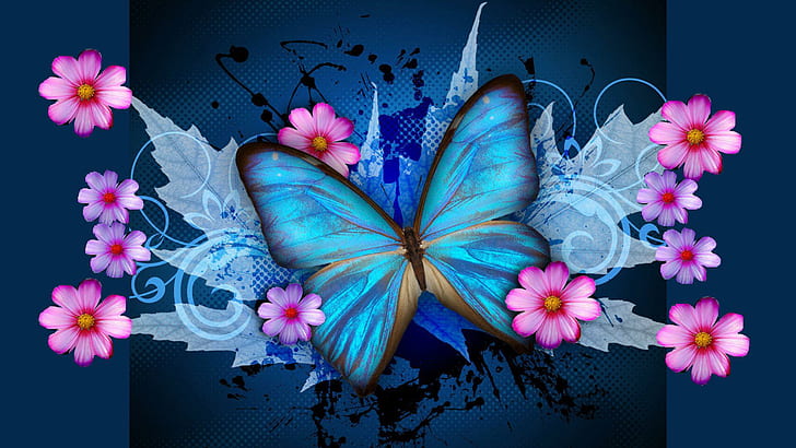 Butterfly Happiness Ii, blue, monarch, photoshop, flower, pink, HD wallpaper