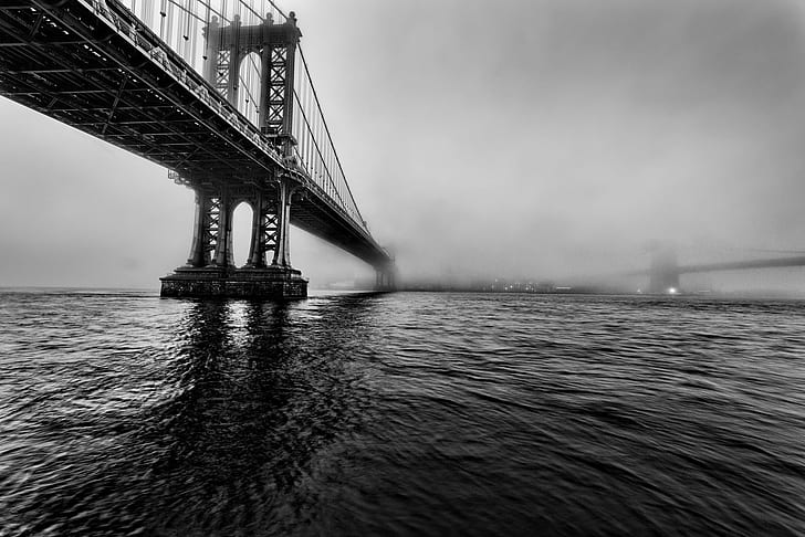 grayscale photograph of Brooklyn Bridge, Stained, Architecture