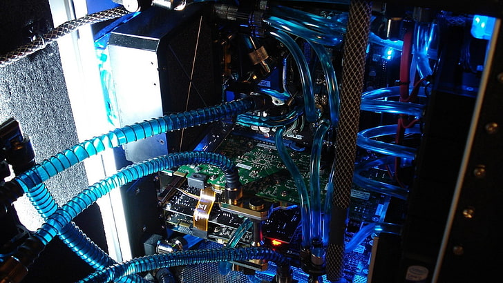 blue gaming computer tower, illuminated, connection, no people, HD wallpaper