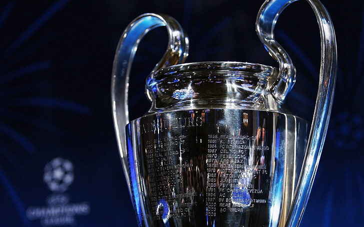 silver trophy, uefa, champions league, cup, blue, drink, metal, HD wallpaper