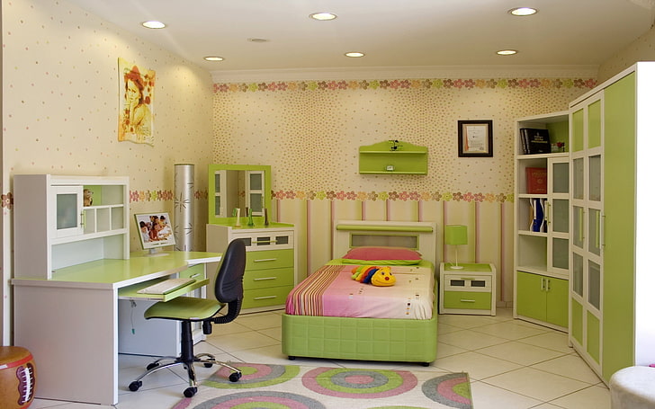 green bed frame and pink bed linen, room, style, children, interior