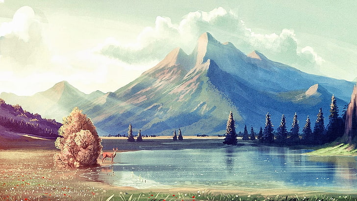 trees, body of water, and mountain, digital art, nature, mountains