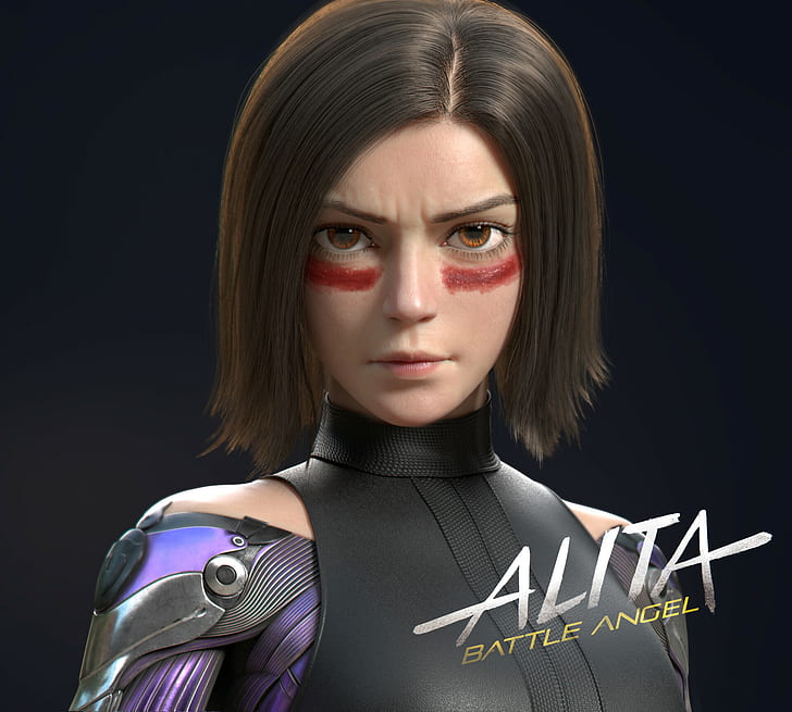 Alita: Battle Angel, CGI, portrait, simple background, face paint