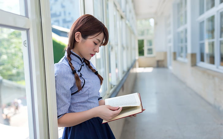 Beautiful Asian girl reading book, retro style, women's blue dressed shirt, HD wallpaper