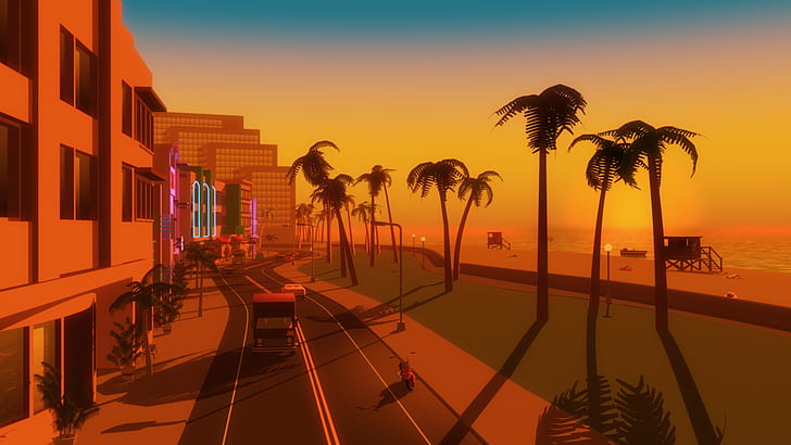 Sunset, Sea, Beach, Miami, The city, Neon, Street, Machine, HD wallpaper