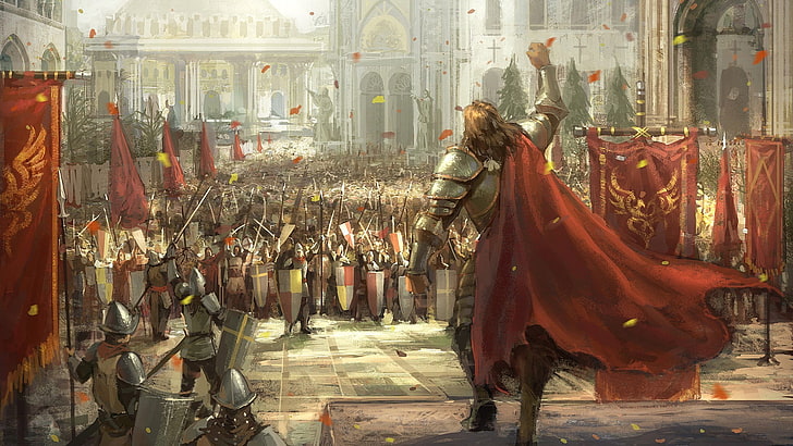 man wearing knight armor and red cape raising fist in front of soldiers digital wallpaper