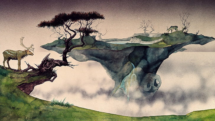 deer, painting, trees, fantasy art, mist, floating island, Roger Dean, HD wallpaper