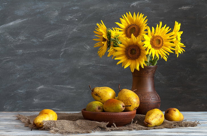 Photography, Still Life, Bowl, Pear, Sunflower, Vase, Yellow Flower, HD wallpaper
