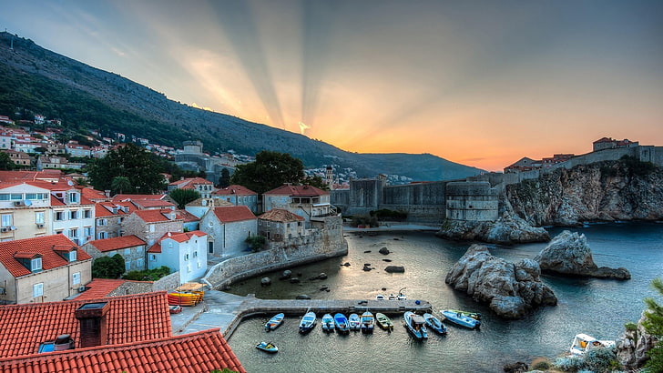 dubrovnik, croatia, europe, bay, rays, sea, sunray, buildings, HD wallpaper