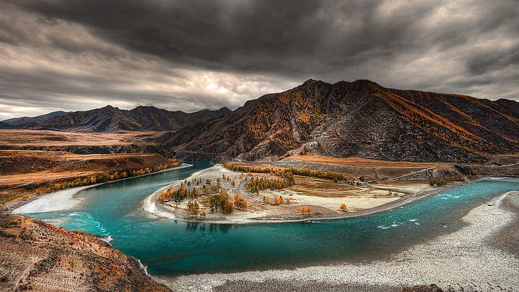 Altai, autumn, river, trees, mountains, dusk