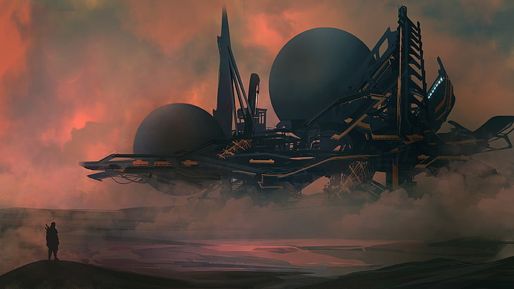 black and gray ship animated illustration, futuristic, mist, digital art