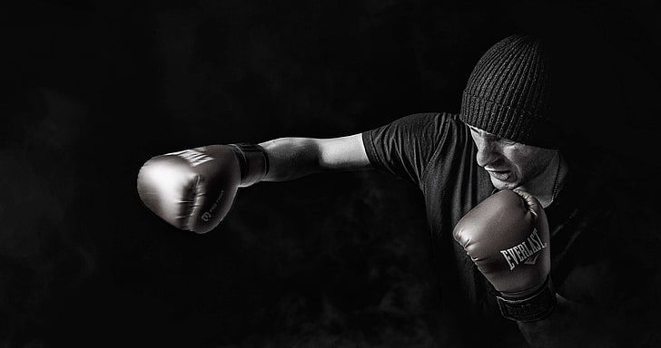 adult, athlete, black and white, bonnet, boxer, boxing, dark