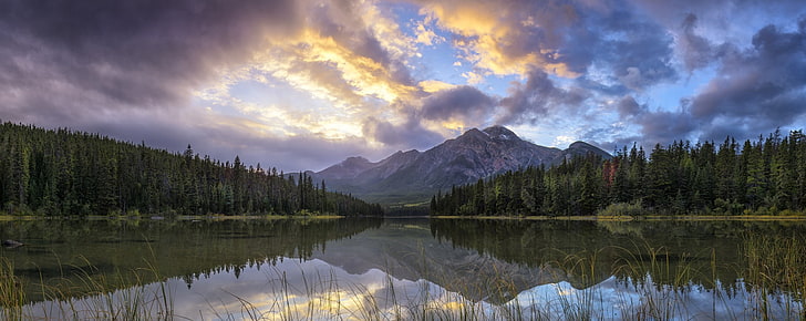 panoramas, lake, mountains, nature, sky, Jasper National Park