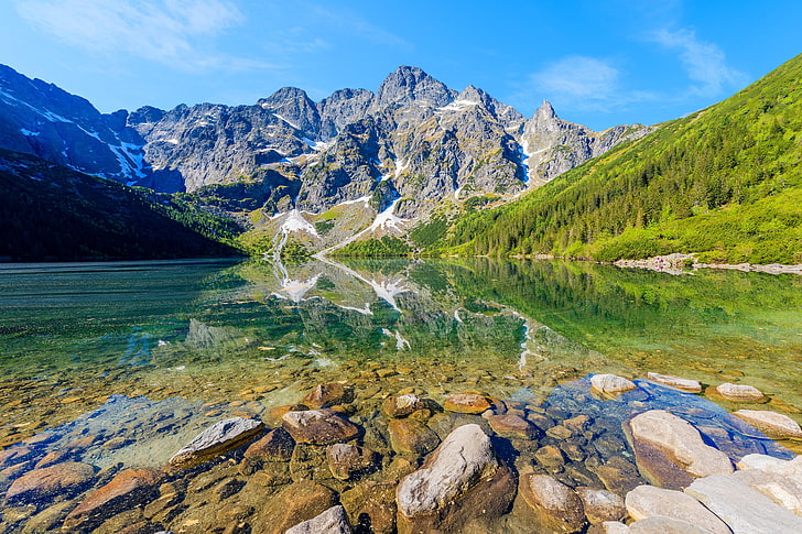 lake, morskie, mountains, nature, oko, poland, scenery, stones, HD wallpaper