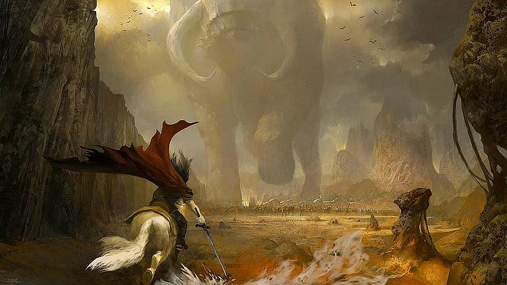 fantasy battle, Giant, horse, war, warrior, HD wallpaper