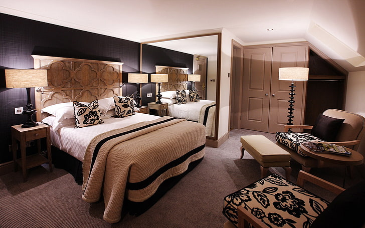 brown and white bedroom furniture set, bedding, closet, floor lamp