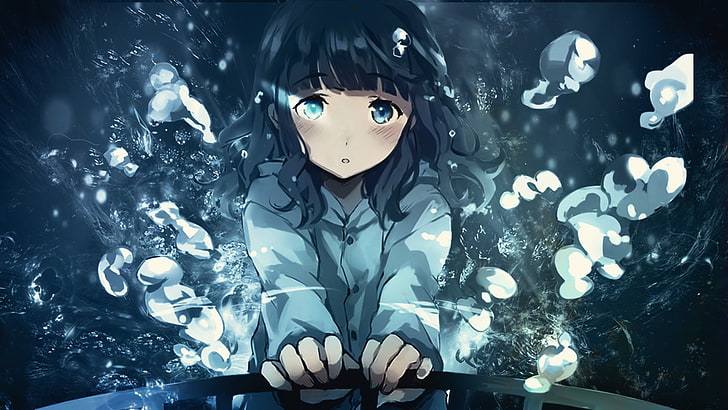 anime, anime girls, water, signatures, blushing, looking at viewer, HD wallpaper