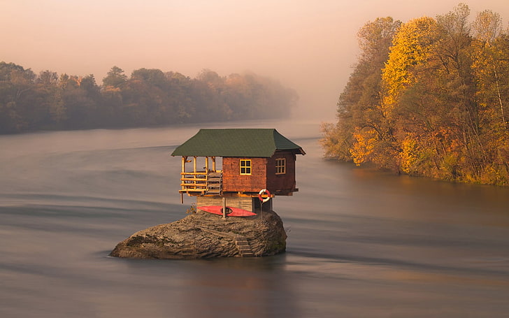 brown wooden house, water, Serbia, tree, beauty in nature, plant, HD wallpaper