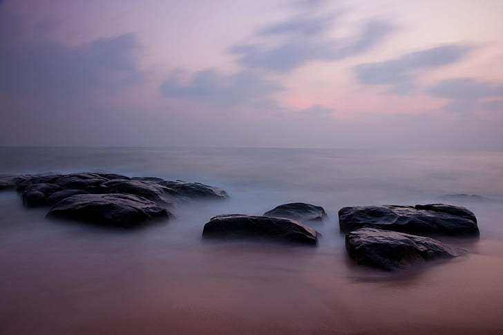 stone on body on water under clouds, art, silence, chennai  beach, HD wallpaper