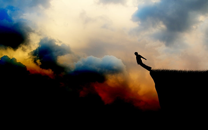 silhouette of person, clouds, digital art, cliff, anime, falling, HD wallpaper