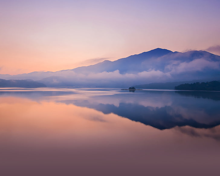 Sunset, Lake, Reflections, Huawei MediaPad M5, Mountains, Stock HD wallpaper
