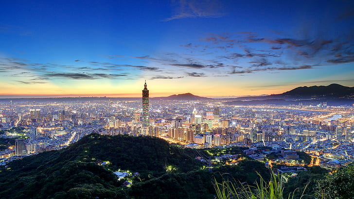 Taipei, Taiwan, China, concrete high rise building, night city skyline, HD wallpaper