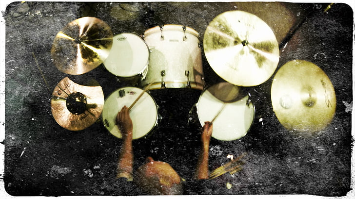 white drum set, music, drums, musical instrument, cymbals, kick