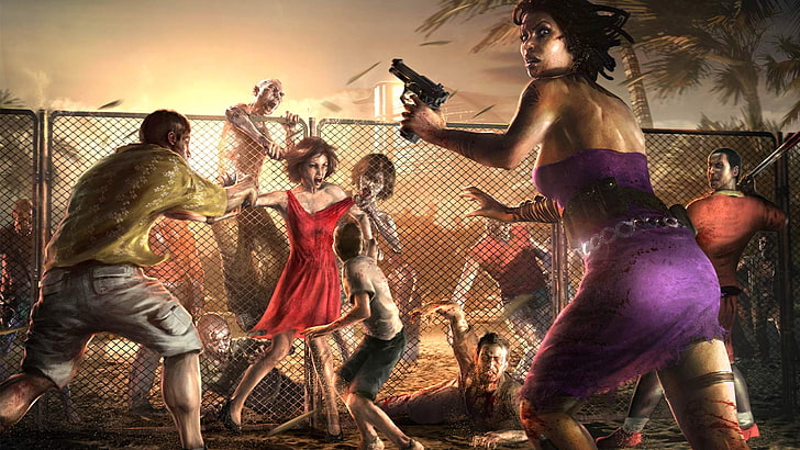 attack, blood, dark, dead, drawing, fence, island, zombies, HD wallpaper