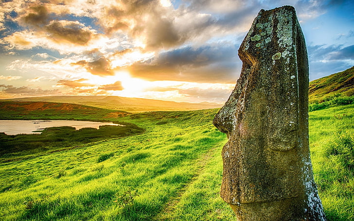 Archeology, beach, Chile, clouds, Easter Island, Enigma, grass, HD wallpaper