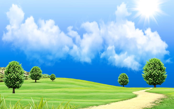 Beautiful dream world, green grass, trees, road, clouds, sun