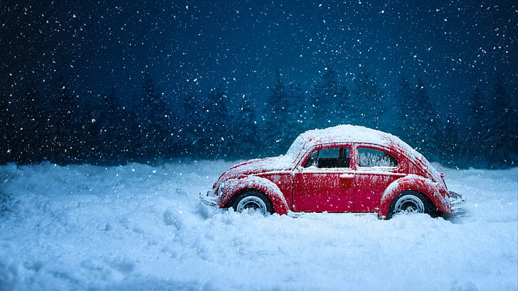 winter, snowy, red car, volkswagen, volkswagen beetle, snowfall