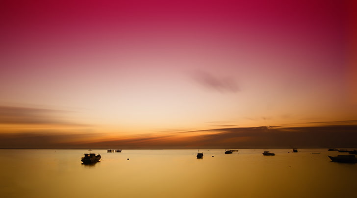 Sunset at Derawan Island, East Borneo, Indonesia, silhouette of boats, HD wallpaper