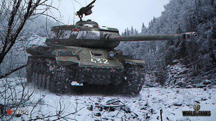 black battle tank, winter, forest, snow, trees, the way, The is-2, HD wallpaper