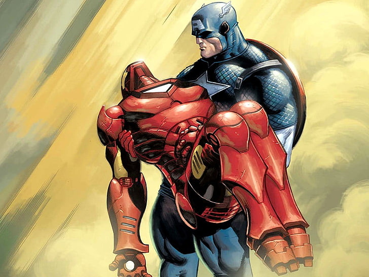 Captain America carrying Iron Man painting, Marvel Comics, movies