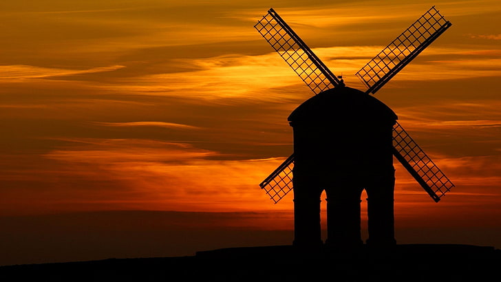 orange background, sunset, silhouette, windmill, landscape
