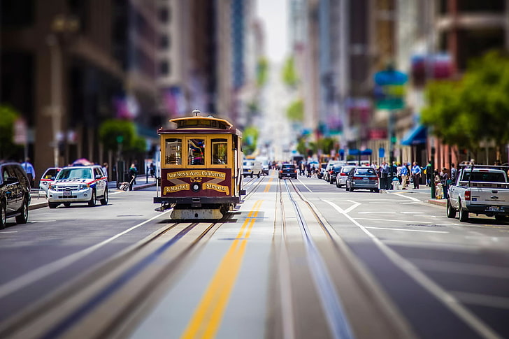 yellow and brown tram, urban, cityscape, street, car, tilt shift