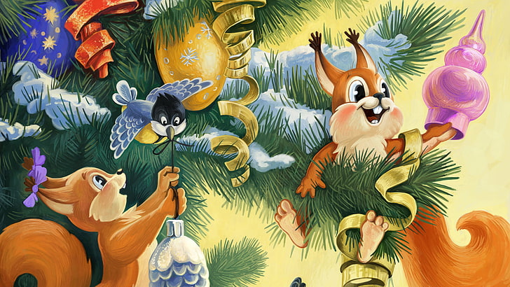 chipmunks playing on Christmas tree illustration, the rain, toys, HD wallpaper
