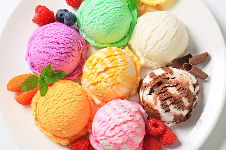 assorted-flavored ice creams, balls, berries, raspberry, chocolate