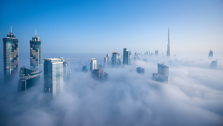 high-rise buildings, city, urban, mist, Dubai, cityscape, skyscraper