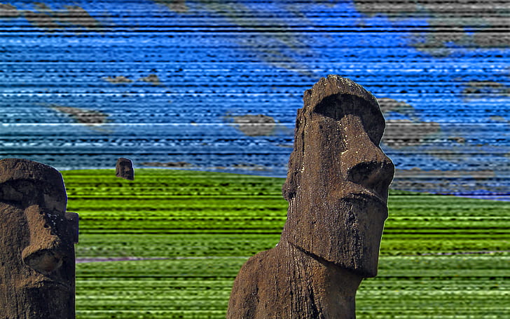 vaporwave, glitch art, Windows XP, hills, Moai