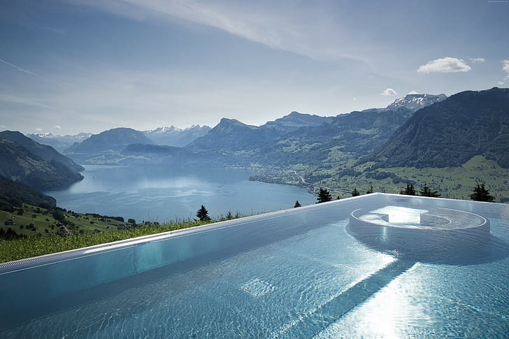 swimming pool, mountains, HD wallpaper