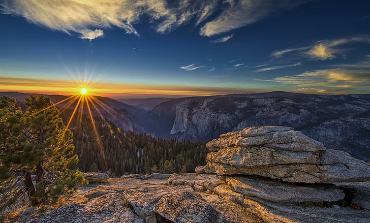 Yosemite National Park, mountains, sky, sun, Sunset, trees, rocks, HD wallpaper