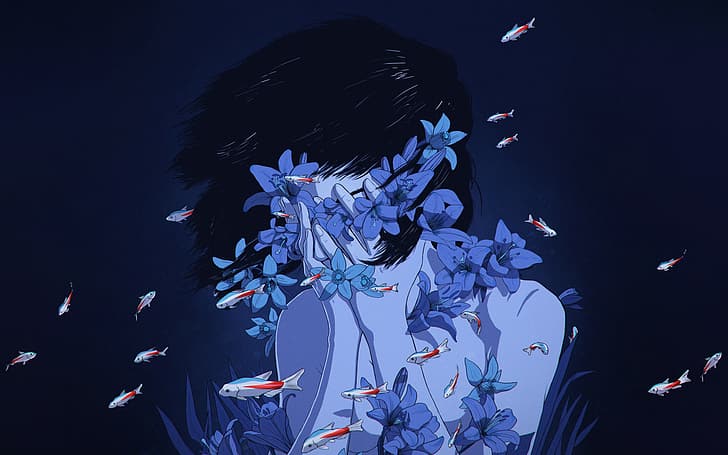 Perfect Blue, women, fish, flowers, hand on face, Louis Picard