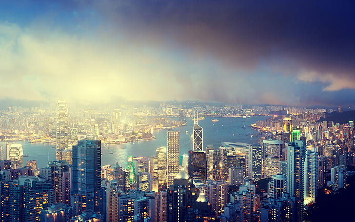 Hong Kong Victoria Peak, aerial city skycraper photo of tower building