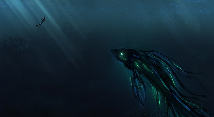 Giant creature, Deep Sea, Scuba Diver, 4K, HD wallpaper