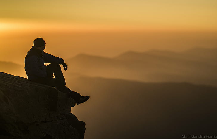 silhouette photography of man on top of mountain, en, la, mulhacen, HD wallpaper