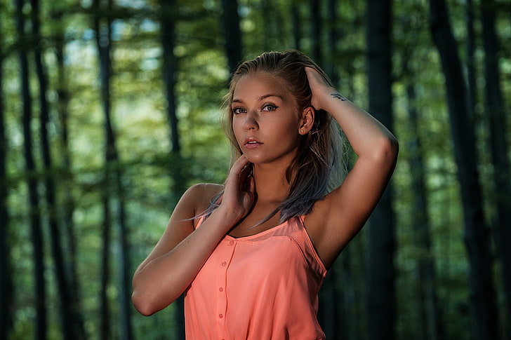 women, tanned, portrait, trees, depth of field, armpits, forest